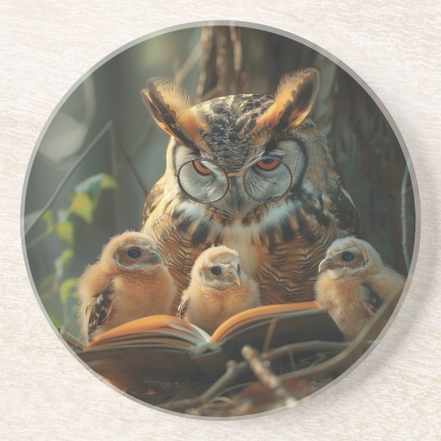 An owl reading a book to little chicks coaster (Front)