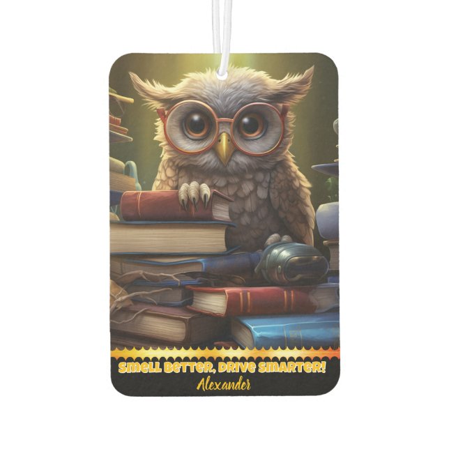 An owl with glasses perched among colourful books air freshener (Back)