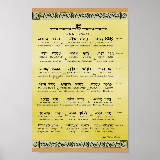 Ana b"Koach ~ Hebrew ~ English ~ Transliteration Poster (Front)