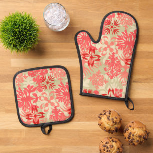 Anahola Bay Hawaiian Abstract Floral Coral Oven Mitt & Pot Holder Set
