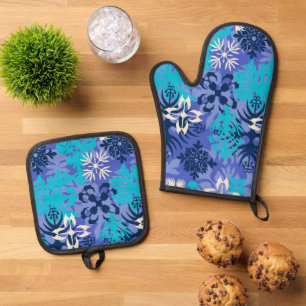 Anahola Bay Hawaiian Abstract Floral Purple Oven Mitt & Pot Holder Set
