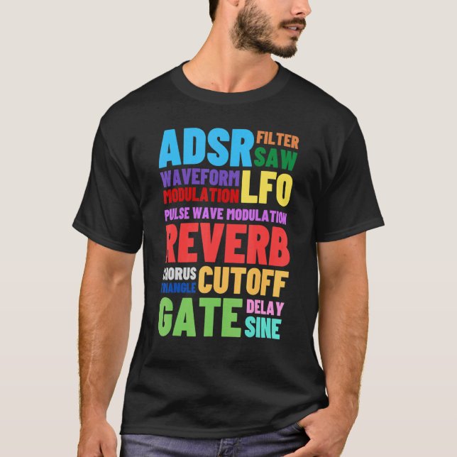 Analogue Modular Synthesizer Words Techno Rave Syn T-Shirt (Front)