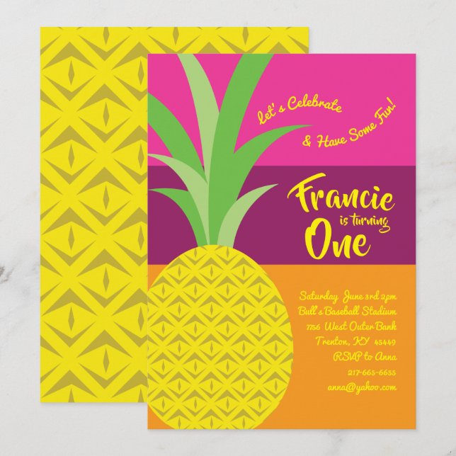 Ananas 1er Anniversaire Cute Invitations (Devant / Derrière)