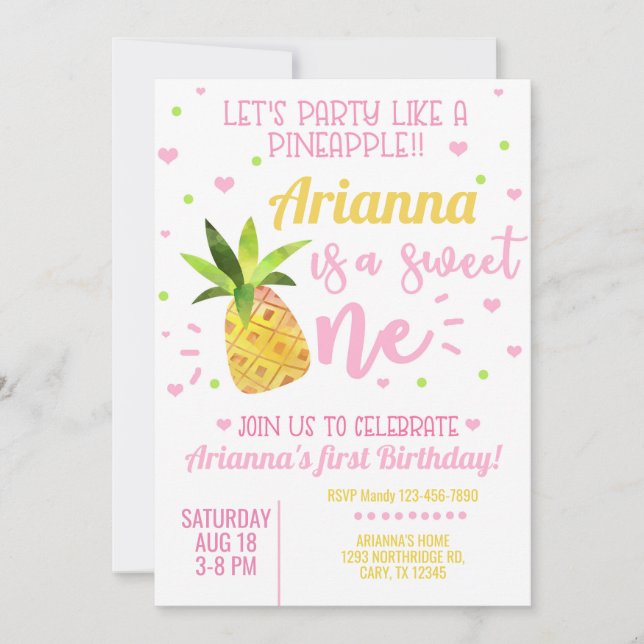 Ananas fille 1er invitation de premier anniversair (Devant)