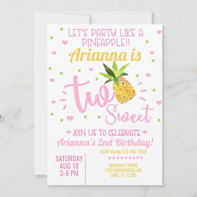 Ananas fille invitation de 2ème anniversaire. (Devant)