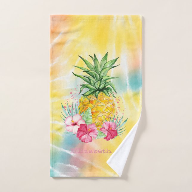 Ananas, Hibiscus aquarelle Rainbow Tie Dye (Serviette à main)