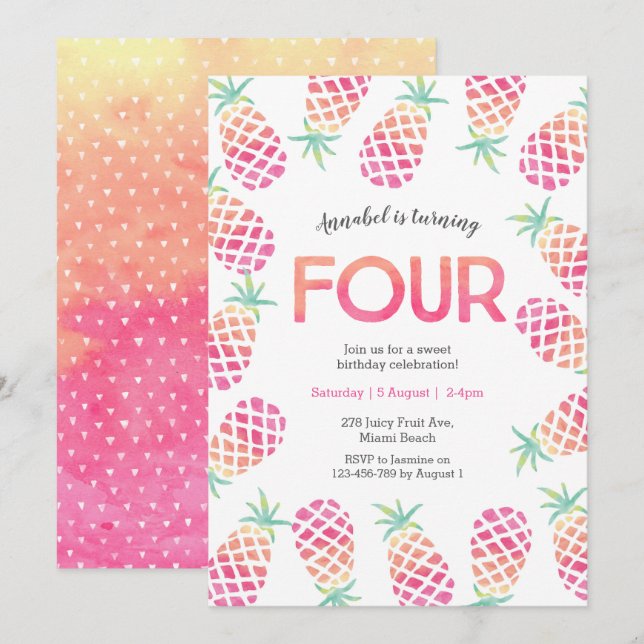 Ananas rose tropical 4e anniversaire Invitation (Devant / Derrière)