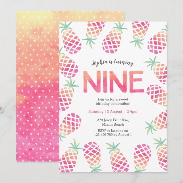 Ananas rose tropical 9e anniversaire Invitation (Devant / Derrière)