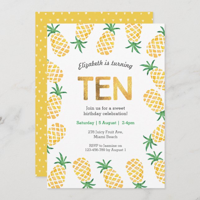 Ananas tropical 10e anniversaire Invitation (Devant / Derrière)