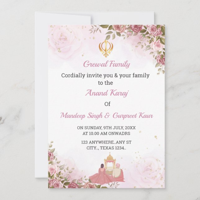 Anand Karaj invitation, Sikh Wedding Card (Front)