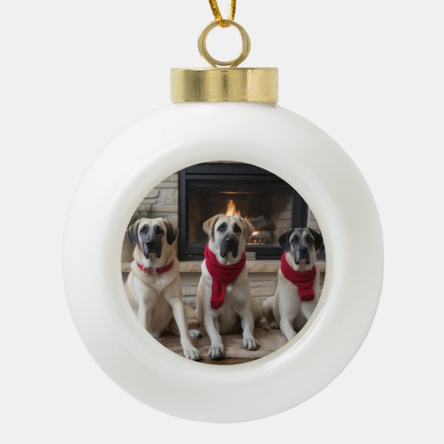 Anatolian Shepherd  by the Fireplace Christmas Ceramic Ball Christmas Ornament (Front)