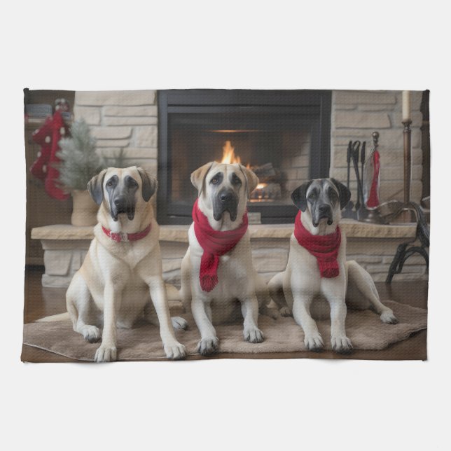 Anatolian Shepherd  by the Fireplace Christmas Kitchen Towel (Horizontal)