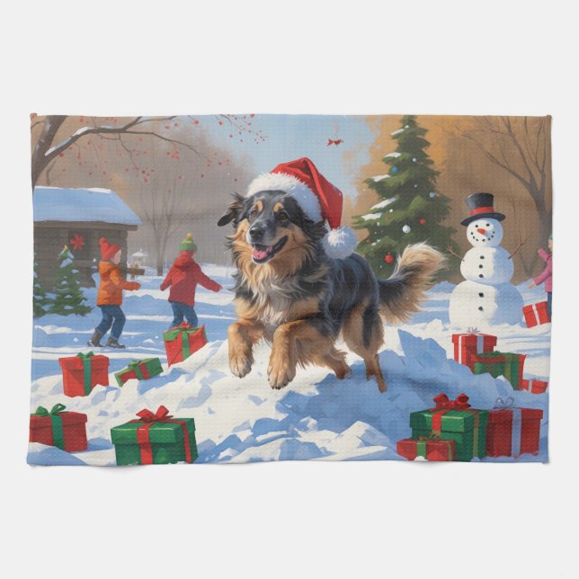 Anatolian Shepherd Christmas Festive Snow Kitchen Towel (Horizontal)