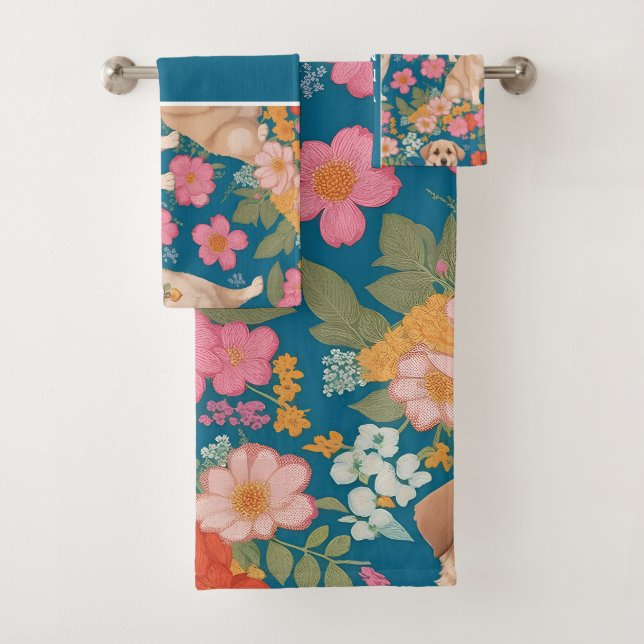 Anatolian Shepherd Dog Floral Colourful Pattern Bath Towel Set (Insitu)