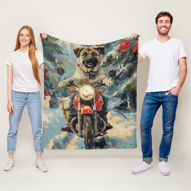 Anatolian Shepherd Dog Riding Motorcycle Christmas Fleece Blanket (In Situ)