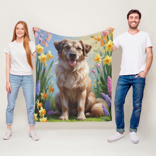 Anatolian Shepherd  Dog Spring Flowers Painting Fleece Blanket (In Situ)