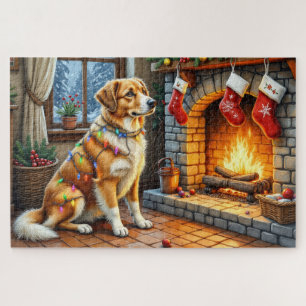 Anatolian Shepherd Fireplace with Christmas Lights Jigsaw Puzzle