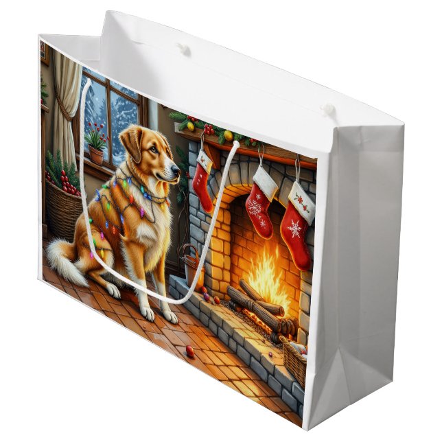 Anatolian Shepherd Fireplace with Christmas Lights Large Gift Bag (Front Angled)