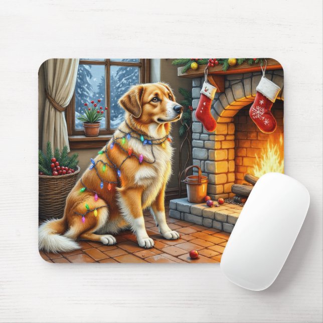 Anatolian Shepherd Fireplace with Christmas Lights Mouse Pad (With Mouse)
