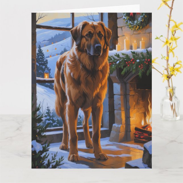 Anatolian Shepherd With Christmas Lights Holiday Card (Yellow Flower)