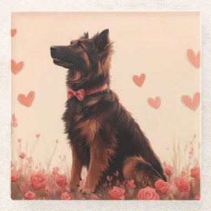Anatolian Shepherd with Roses - Valentine's Day Glass Coaster