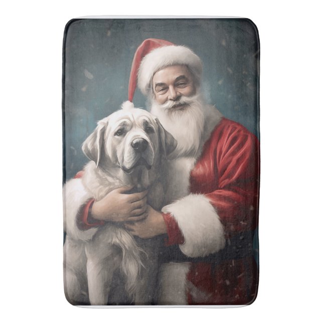 Anatolian Shepherd with Santa Claus Christmas Bath Mat (Front Vertical)