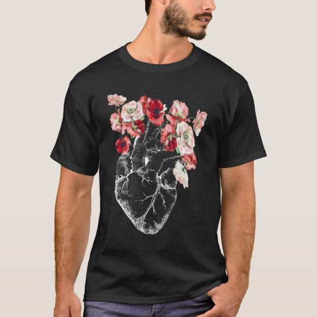 Anatomical Heart And Flowers T-Shirt (Front)