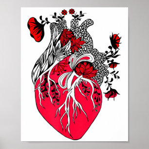 Anatomical Heart Blooming Red Flowers Valentines D Poster