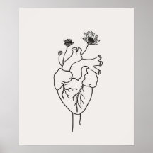 Anatomical Heart flowers black minimalist line art