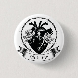 Anatomical Heart Tattoo: Black and White Design 1 Inch Round Button