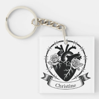 Anatomical Heart Tattoo: Black and White Design  Keychain