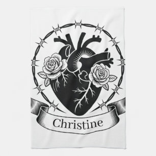 Anatomical Heart Tattoo: Black and White Design Kitchen Towel