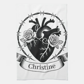 Anatomical Heart Tattoo: Black and White Design  Kitchen Towel