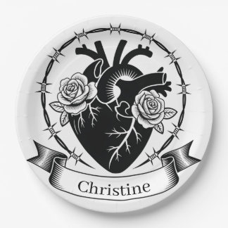 Anatomical Heart Tattoo: Black and White Design  Paper Plate