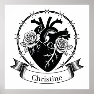 Anatomical Heart Tattoo: Black and White Design  Poster