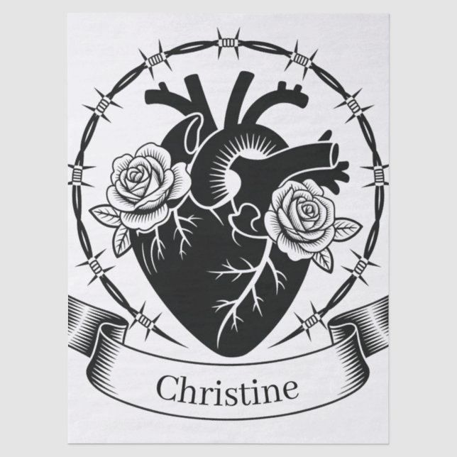 Anatomical Heart Tattoo: Black and White Design  Tissue Paper (Front)
