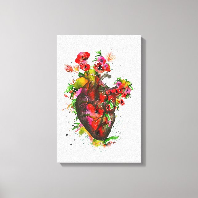 Anatomical heart with flowers, floral heart canvas print (Front)