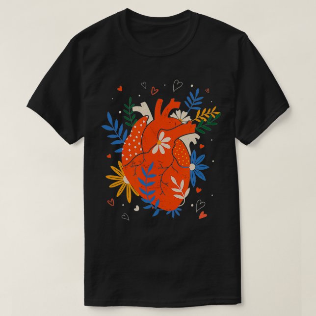 Anatomical Heart with Flowers Human Heart  T-Shirt (Design Front)