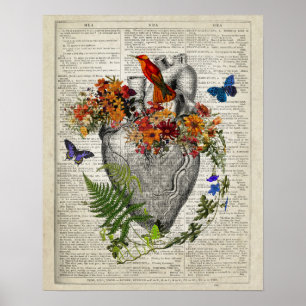 Anatomical Heart with Flowers & Hummingbird Poster
