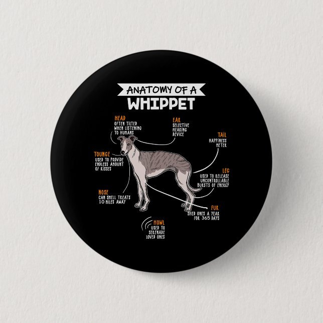 anatomy of a whippet dog funny dog lover gift 2 inch round button (Front)