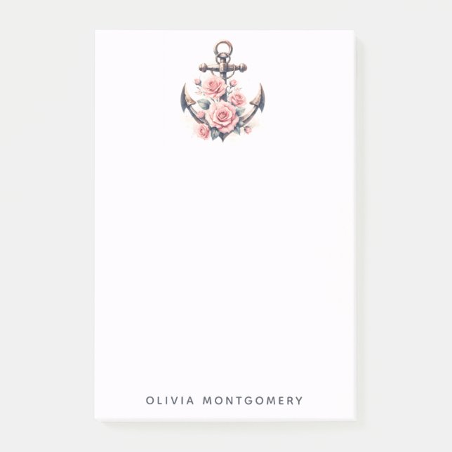Anchor and Blush Pink Roses Custom Name Post-it Notes (Front)