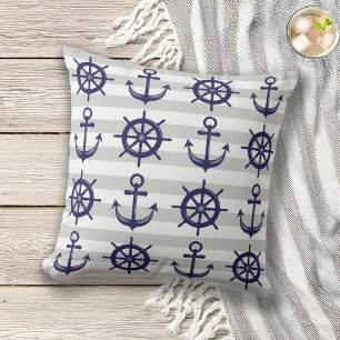 Anchor and Boat Helm Wheel Grey Stripe Nautical Outdoor Pillow