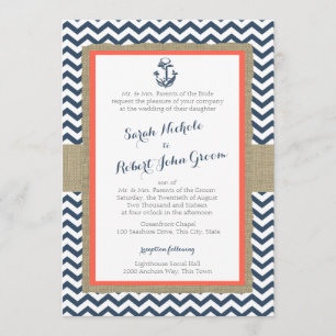 Anchor and Chevron Coral Blue Rustic Wedding Invitation