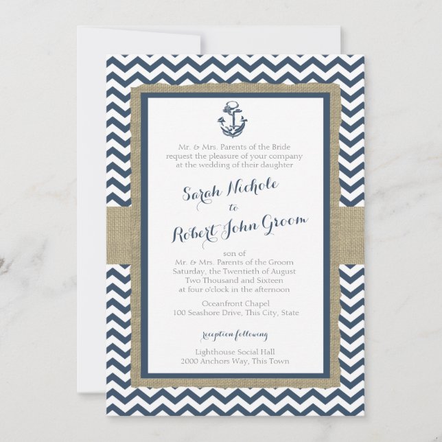 Anchor and Chevron Navy Blue Rustic Wedding Invitation (Front)