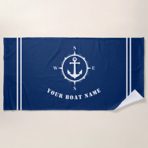 Anchor and Compass with Boat Name Navy Blue Beach Towel