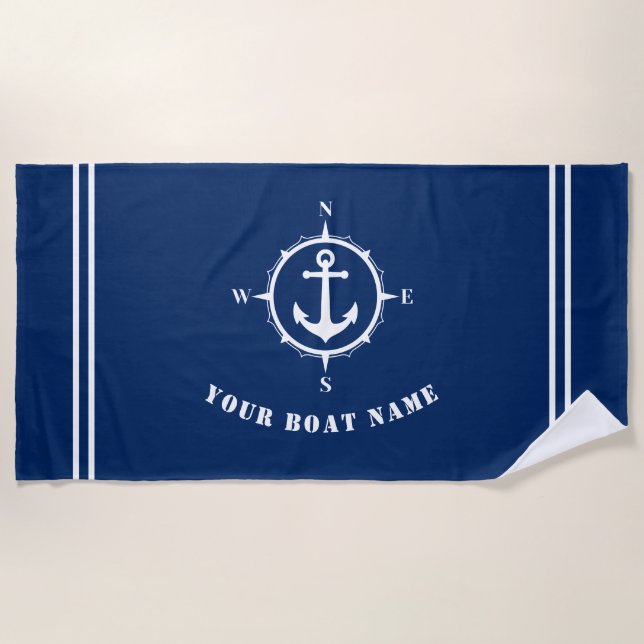 Anchor and Compass with Boat Name Navy Blue Beach Towel (Front)