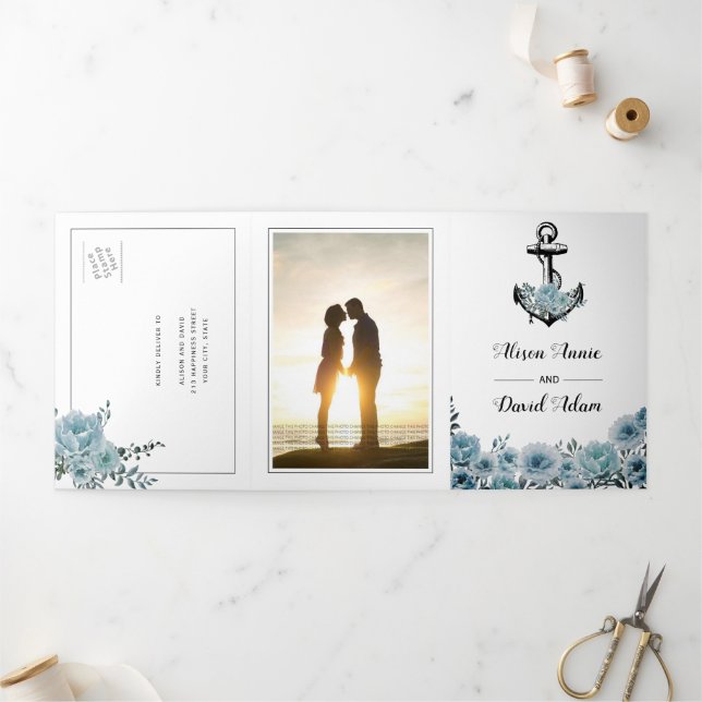 Anchor and dusty blue flowers nautical wedding Tri-Fold invitation (Outside)