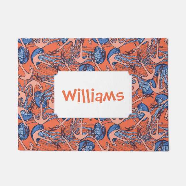 Anchor And Jellyfish Pattern | Add Your Name Doormat (Front)