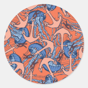 Anchor And Jellyfish Pattern Classic Round Sticker