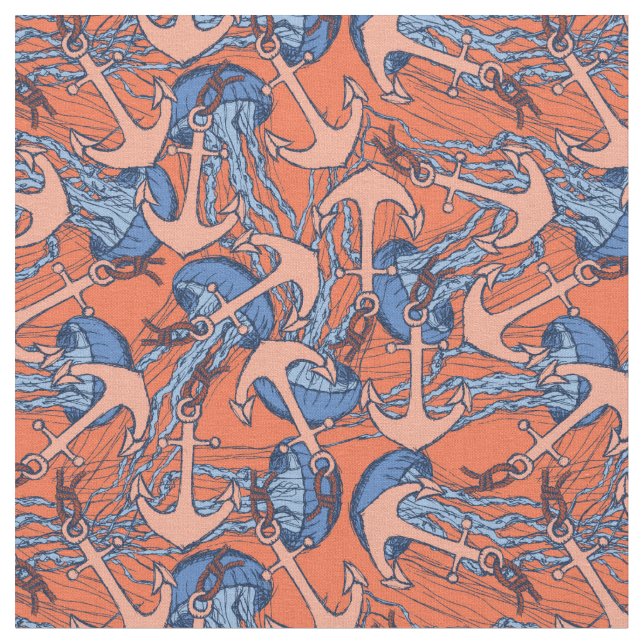 Anchor And Jellyfish Pattern Fabric (Close Up)